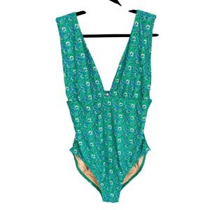 NWT J. Crew Plunge V-Neck Swimsuit size L One Piece Green Paisley #BE040